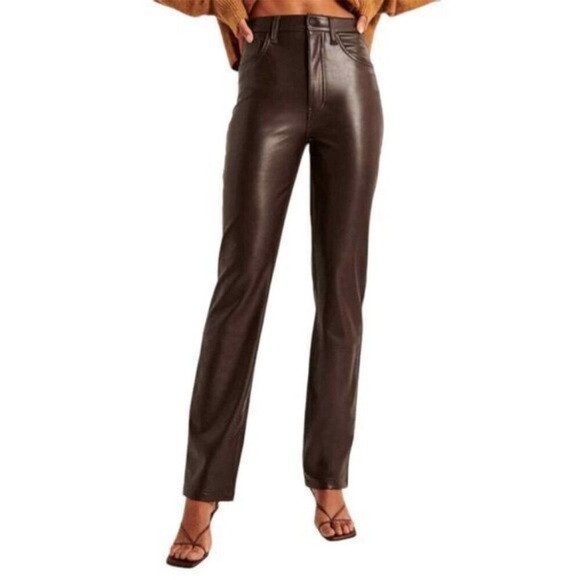 Abercrombie & Fitch 90’s Straight Ultra High Rise Brown Vegan Leather Pants - Picture 1 of 7